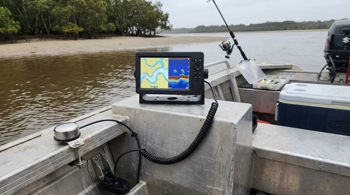 A modern colour-screen marine GPS chartplotter and sounder mounted on a swing-arm bracket on the centre console of an aluminium tinny, showing an estuary bathymetric chart with depth contours and a real-time sonar fish-arch return, with a bla...