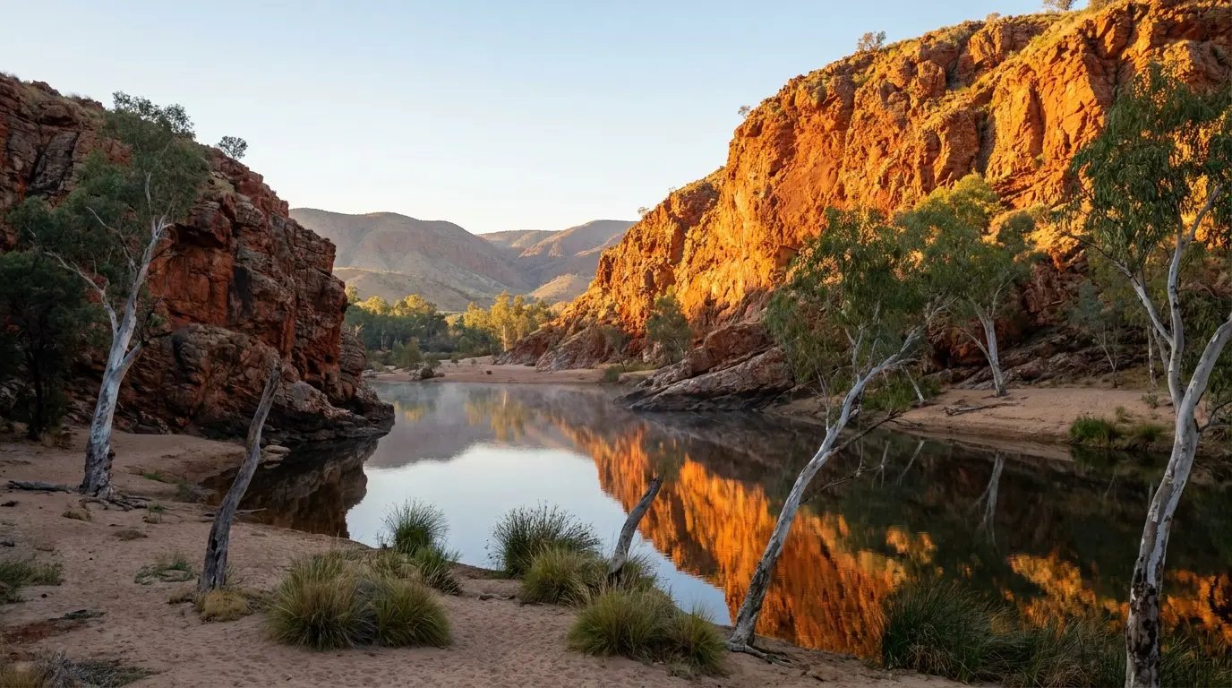 Sunrise light glowing burnt-orange on the quartzite cliffs of Ormiston Gorge in the Tjoritja West MacDonnell Ranges with ghost gums lining a still permanent waterhole