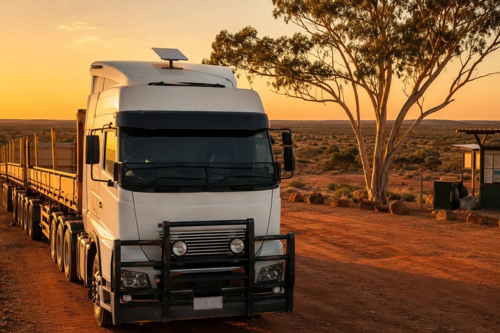 Heavy-duty Australian road train with Starlink Mini mounted on the cab roof at a dusty outback rest stop at golden hour
