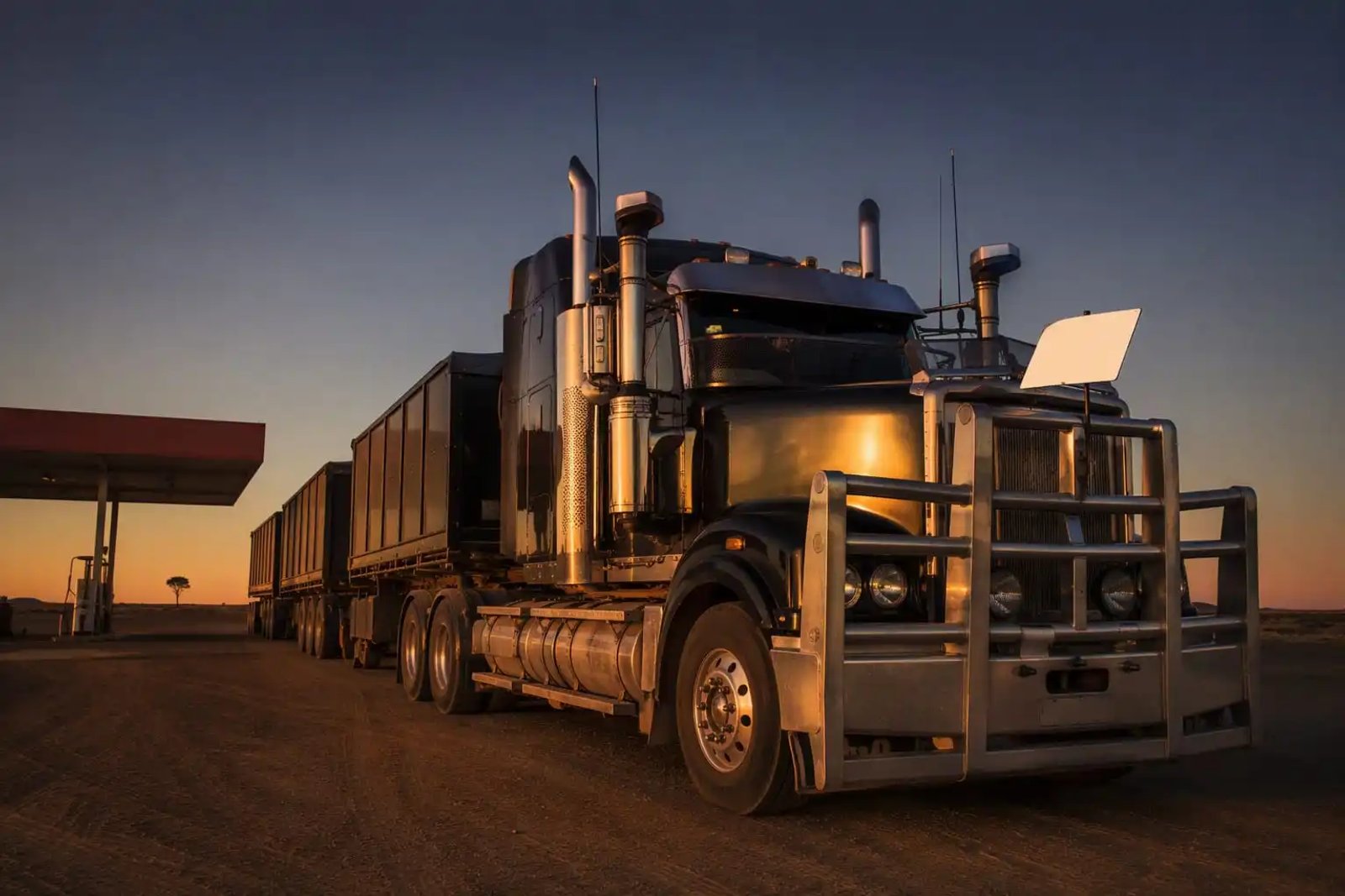 A large Australian B-double road train truck at a regional roadhouse at sunset with a Starlink Mini mounted on the bullbar.