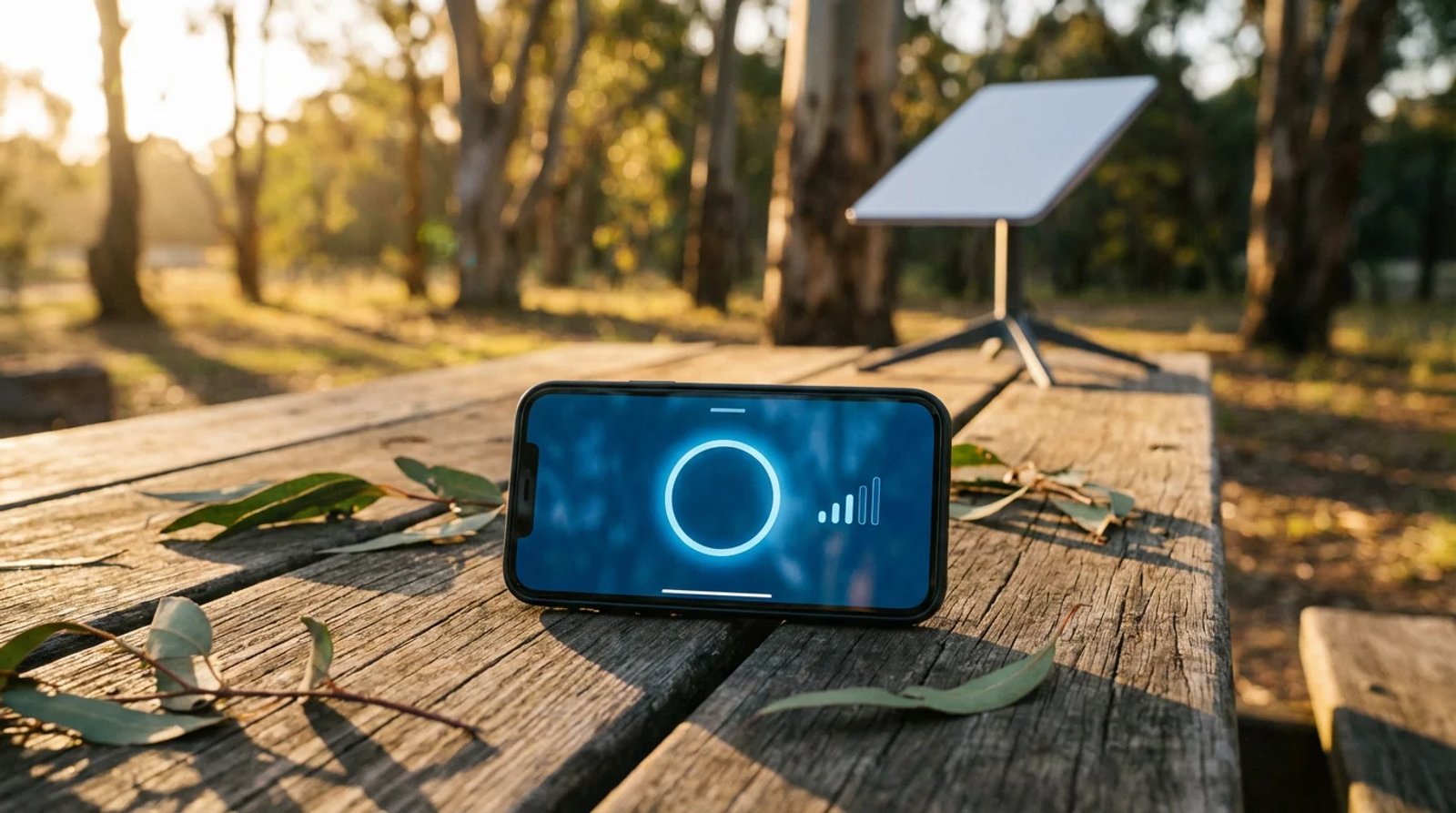 Smartphone showing a satellite signal diagnostic on a wooden picnic table with a Starlink Mini in soft focus background at golden hour