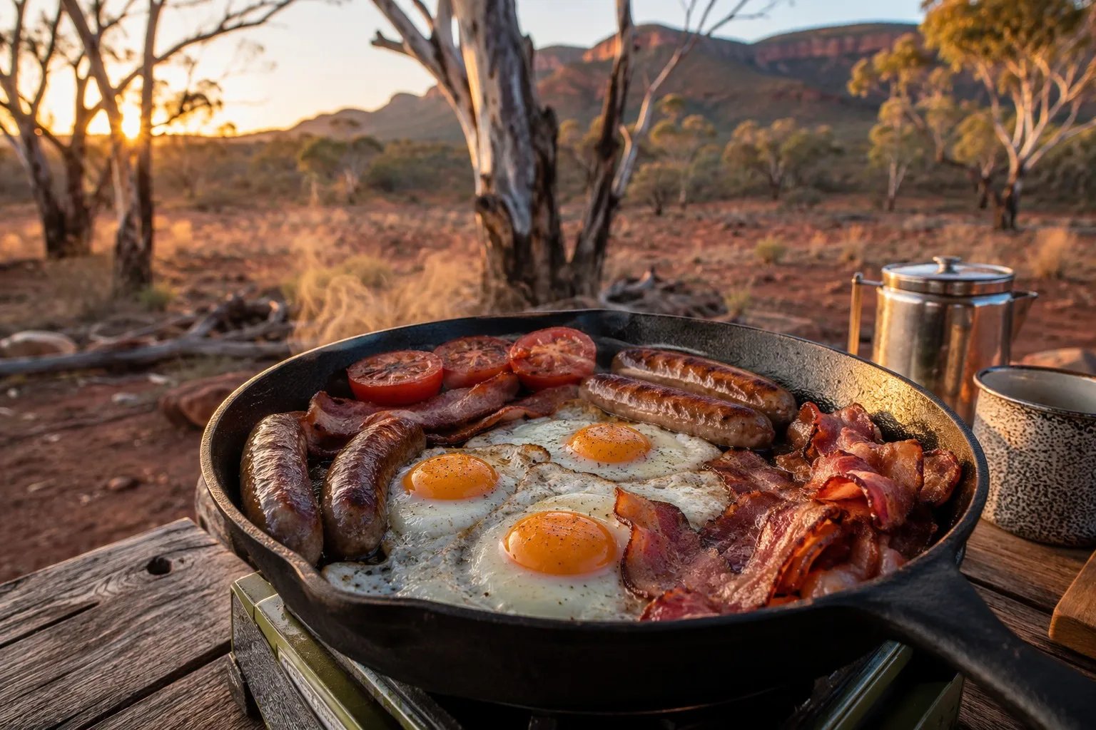 Hearty Australian bush breakfast with bacon, eggs, and sausages sizzling in a cast-iron skillet at a remote outback campsite at sunrise.
