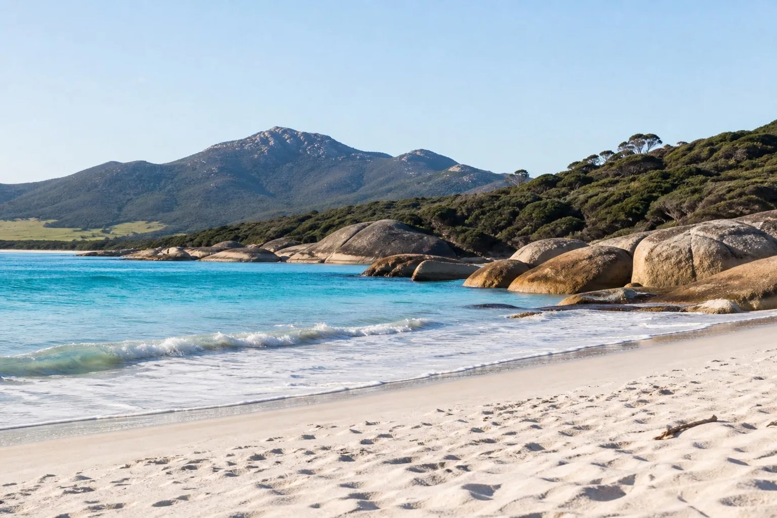 Squeaky Beach at Wilsons Promontory: brilliant white quartz sand meeting turquoise sea with rounded granite boulders, coastal heath and mountain peaks under a pale winter sky