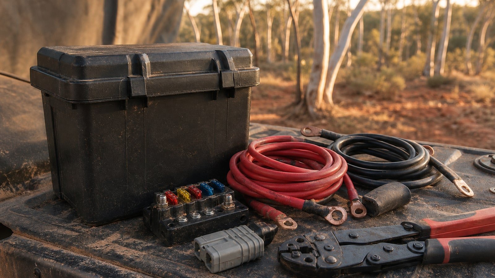 12V cable, fuse block, copper lugs, Anderson connector and crimpers laid out on a dusty 4WD tailgate at golden hour, with blurred eucalypt trunks and red dirt behind.