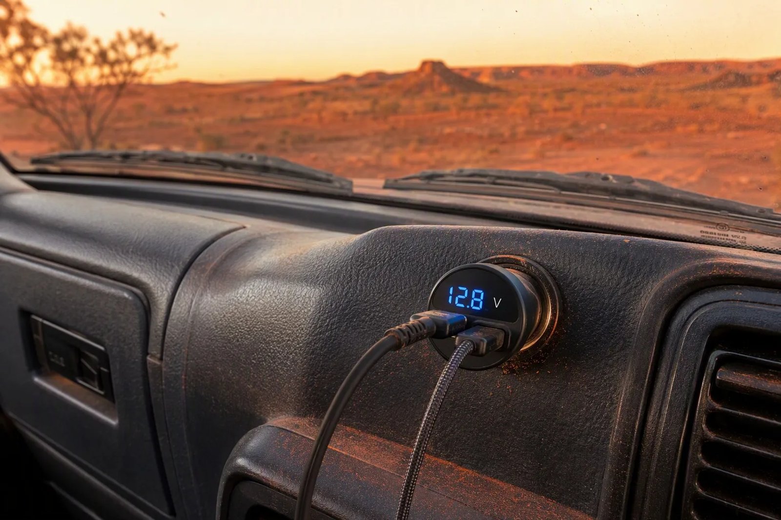 Close-up of a Starlink Mini Dual USB Car Charger with integrated voltmeter plugged into a rugged 4WD dashboard showing 12.8V in the Australian outback.