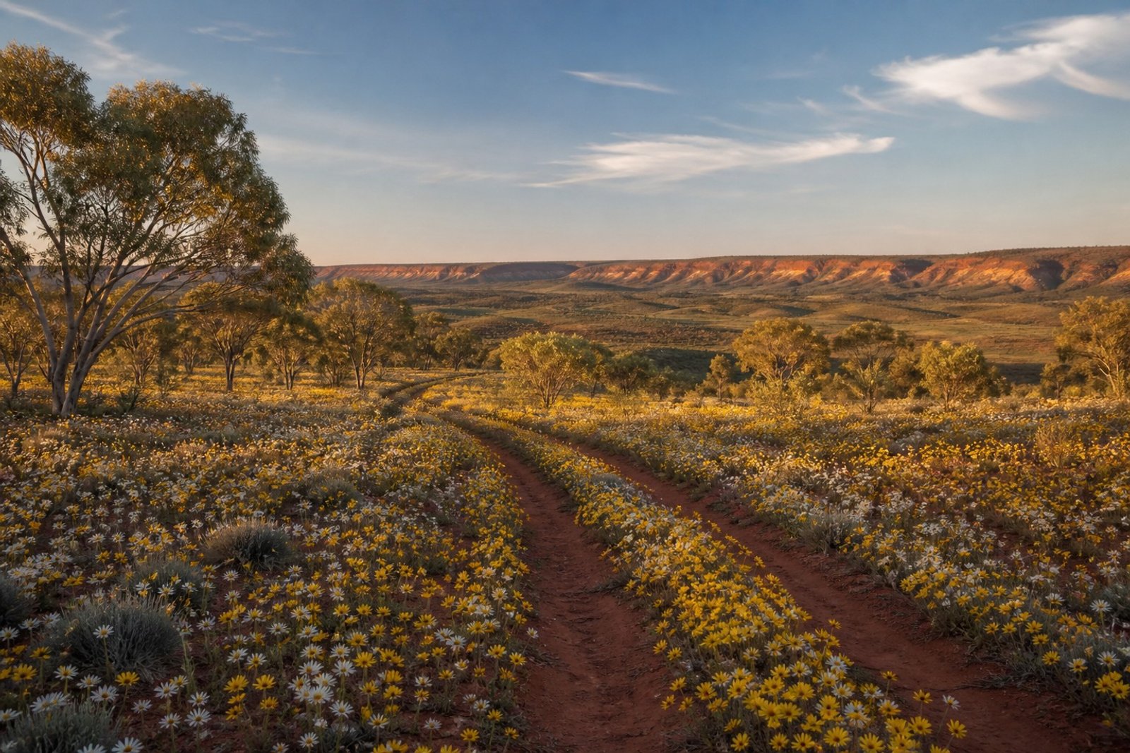 Golden and white everlasting daisies carpeting red-dirt plains beside a winding 4WD track at Coalseam Conservation Park in Western Australia's mid-west, ochre breakaway mesas on the horizon at golden hour