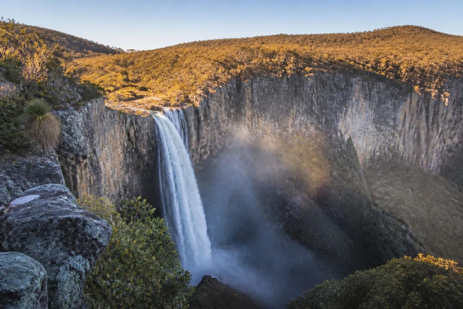 Wollomombi Falls plunging into a misty gorge in the New England National Park, NSW, during a crisp winter morning.