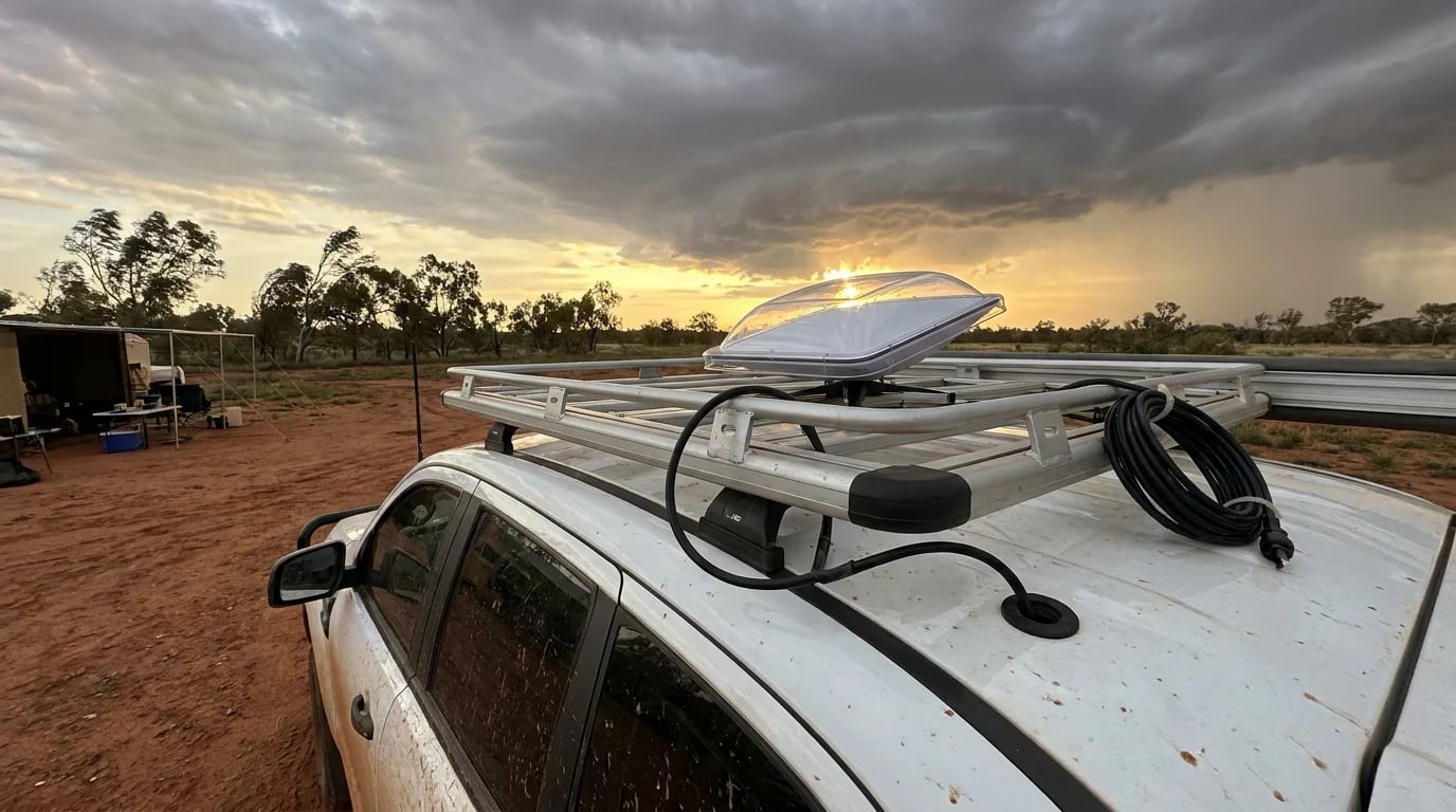 Starlink Mini mounted on the roof rack of an Australian 4WD ute in a remote inland setting during a build-up storm, with sealed cable entry and a weatherproof cover visible, dark monsoon clouds gathering overhead.
