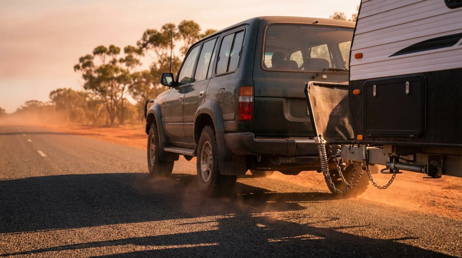 Australian 4WD wagon towing a white off-road caravan on an outback bitumen road at golden hour, weight distribution hitch and spring bars clearly visible at the tow coupling.