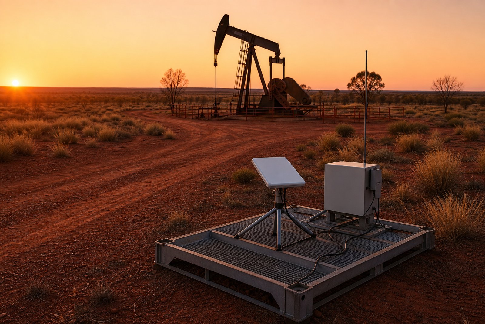 Remote Australian oil and gas wellsite at golden hour with a pumpjack silhouetted against the sunset and a compact Starlink Mini terminal on a tripod mounted on a steel skid beside a communications enclosure