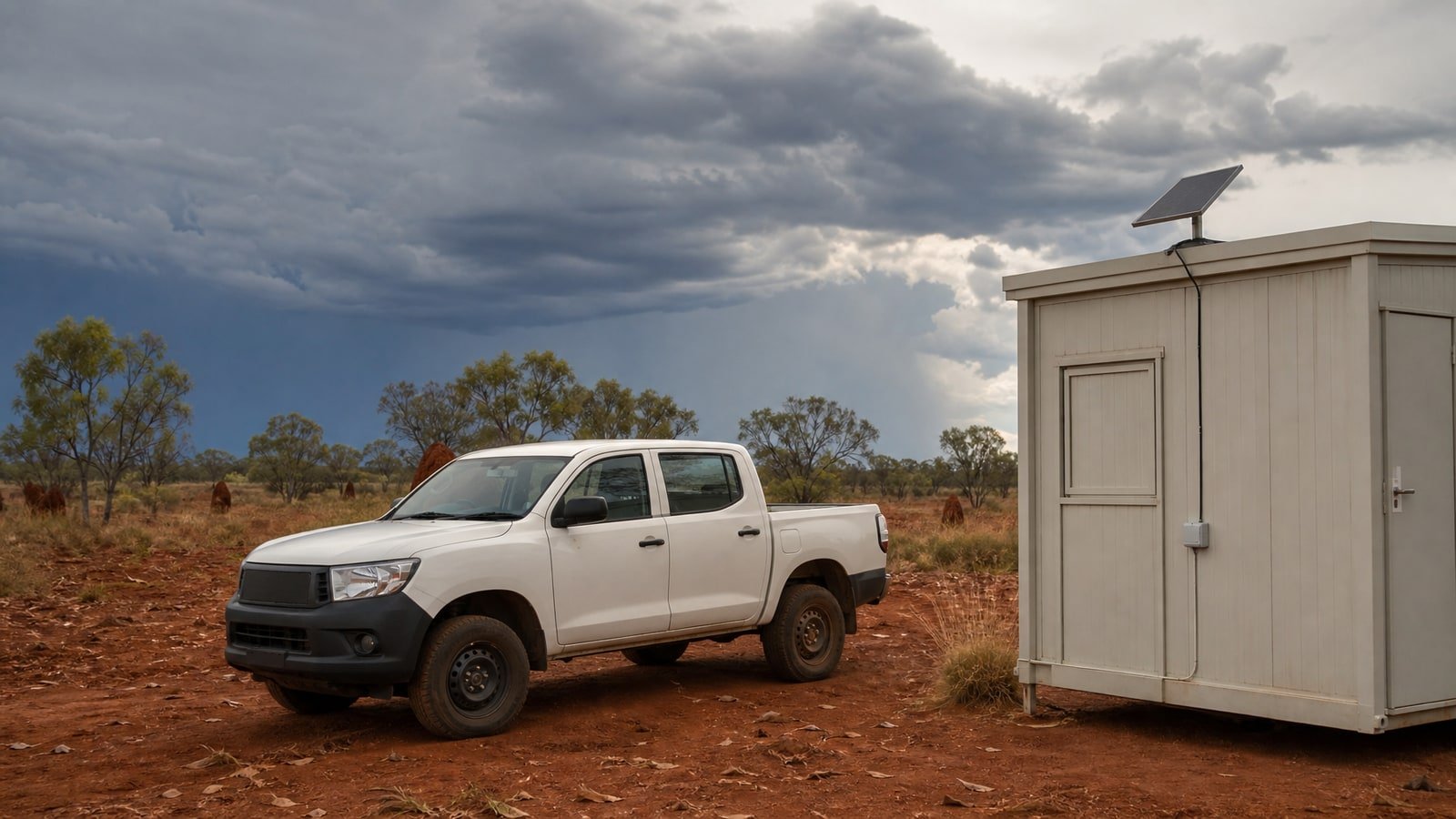 Remote northern Australian exploration camp in the wet season build-up: monsoon cloud over red pindan dirt, a plain white dual-cab ute parked beside a demountable site office with a small satellite internet terminal on its roof