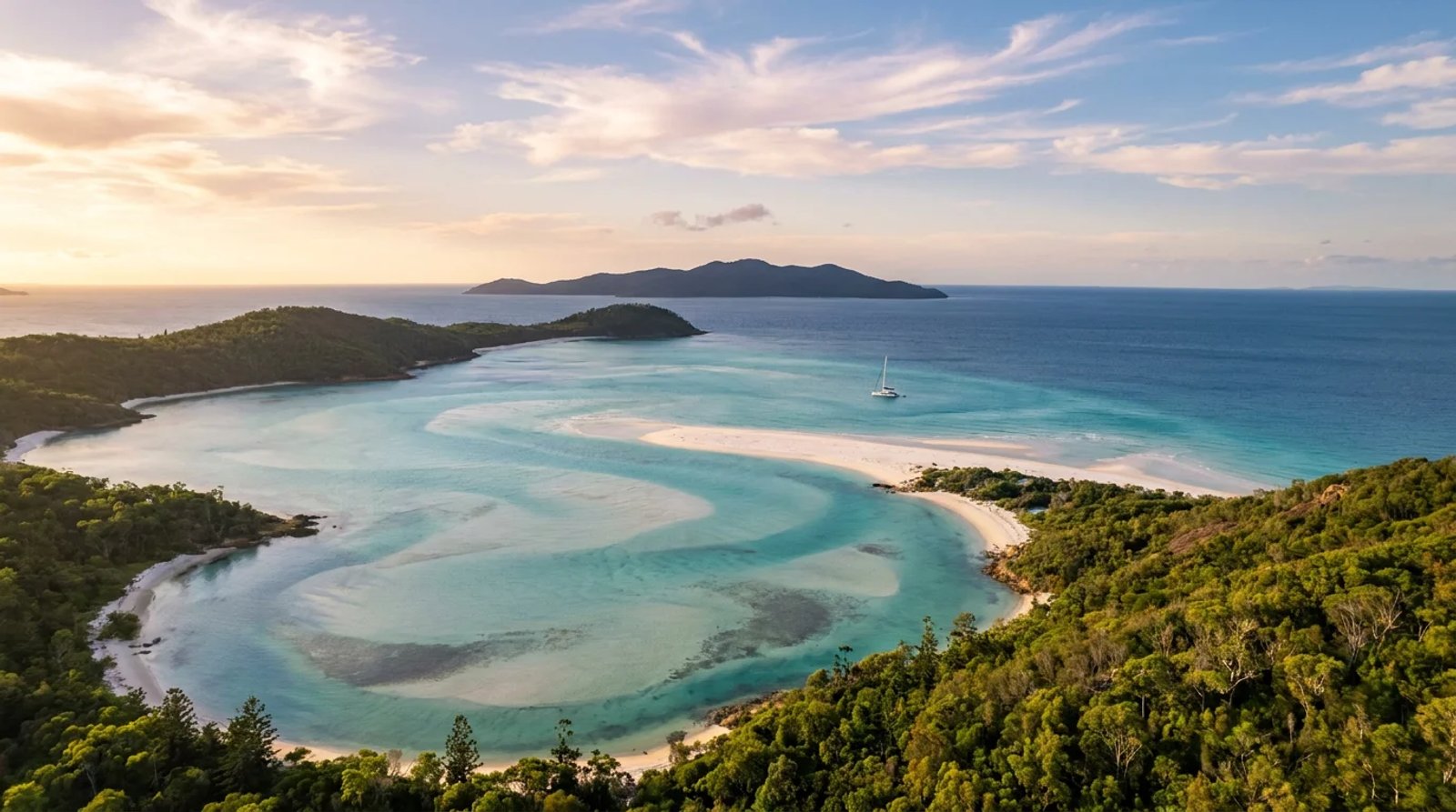 Aerial view of Hill Inlet and Whitehaven Beach, Whitsundays Queensland at golden hour, with a sailing yacht anchored in turquoise water