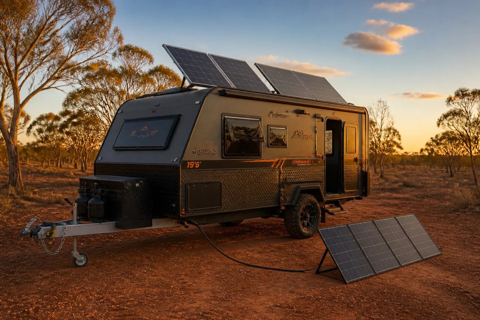 Modern off-road caravan with tilted roof solar panels and a portable solar blanket deployed on red earth at an Australian outback campsite at golden hour.
