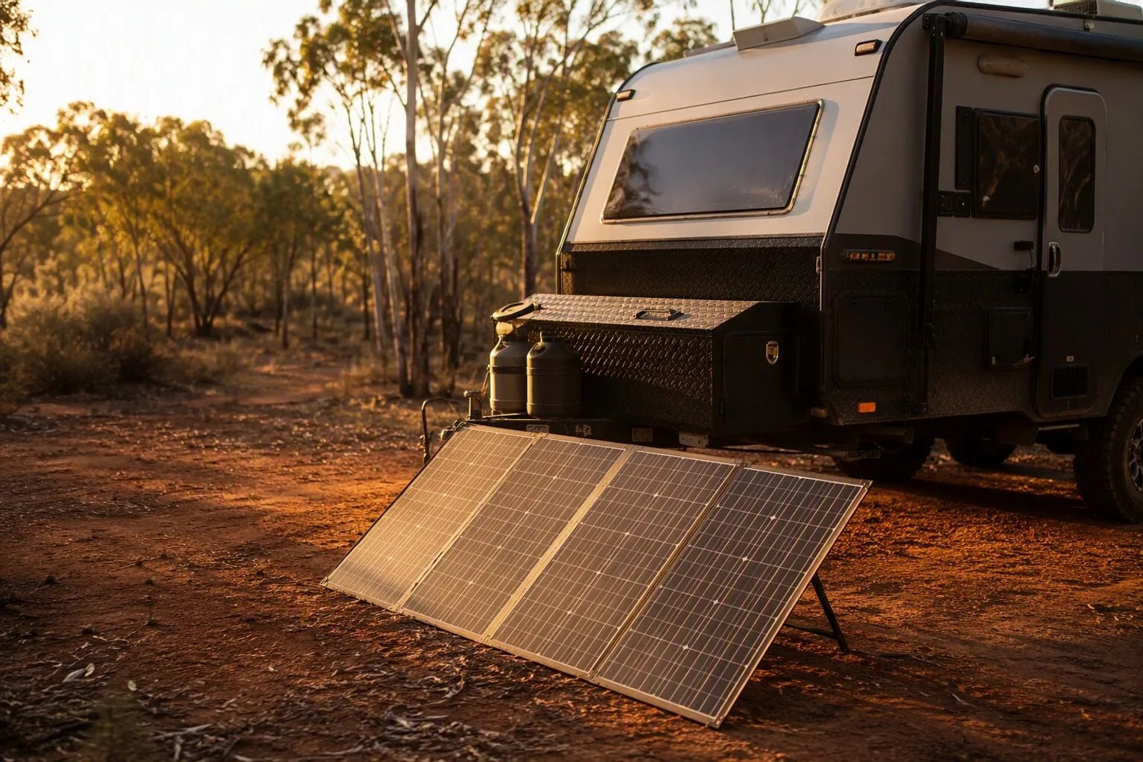 Off-road caravan at a remote Australian bush campsite at golden hour with a portable solar blanket deployed on the ground facing the sun.