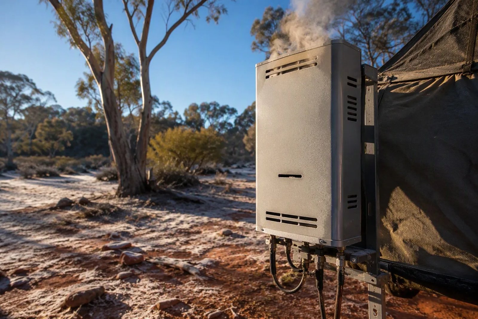 Portable gas hot water system mounted on a bracket at a frosty Australian bush campsite on a cold winter morning.
