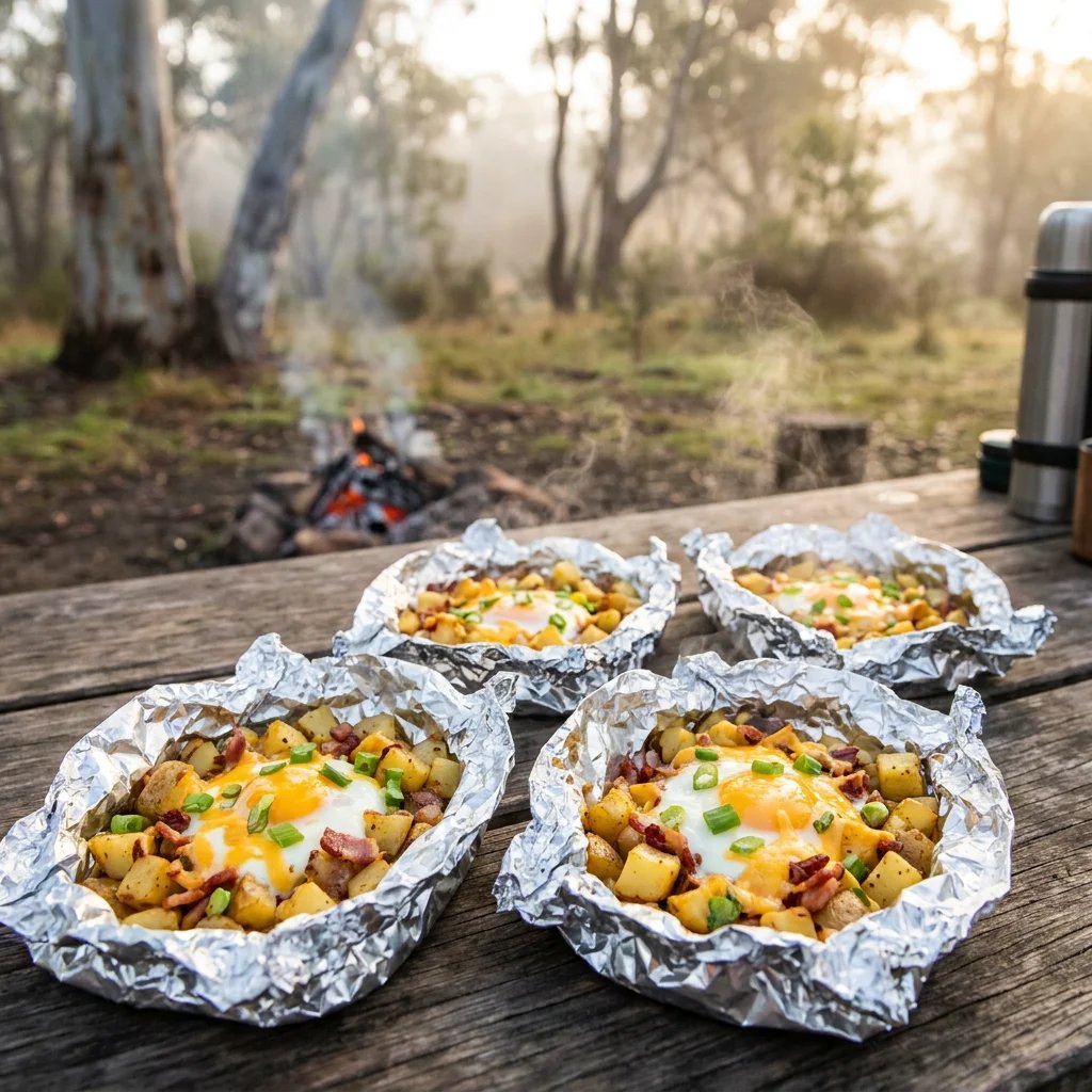 Four opened heavy-duty foil parcels on a rustic camp table, filled with steaming potato and bacon hash, a runny egg, and melted cheese, set against a misty Australian bush background in morning light.