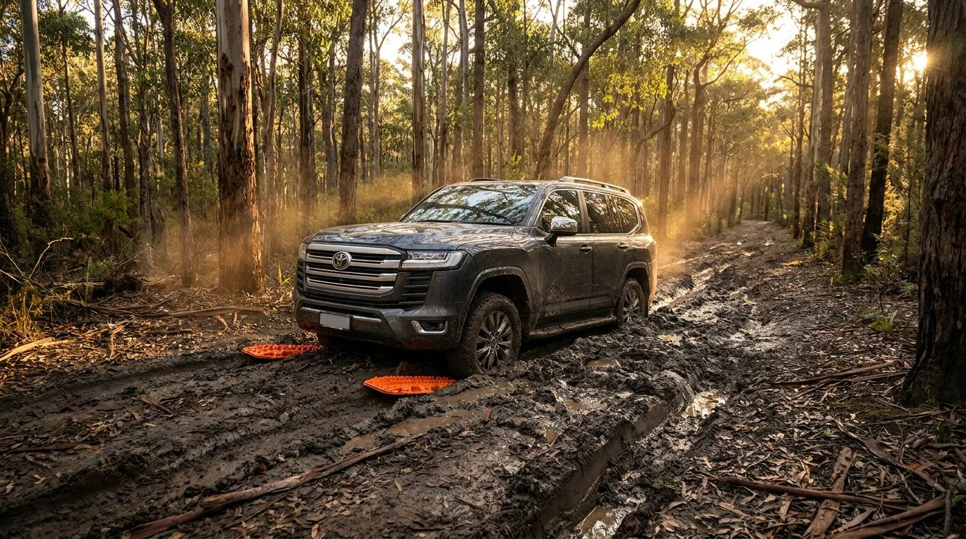 A silver Toyota LandCruiser 300 series 4WD stuck in deep mud on an Australian forest track, with orange recovery boards being positioned under the tyres during a winter sunset.