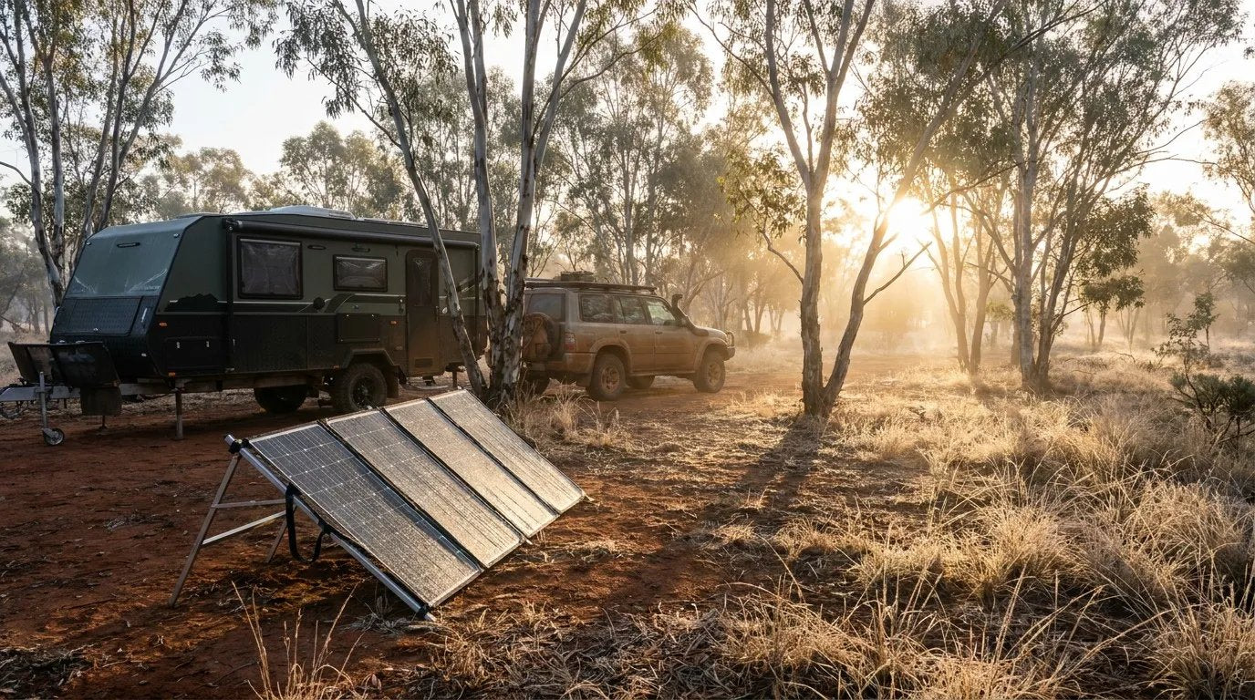 A folding solar blanket angled toward the low morning winter sun at an Australian bush campsite next to an off-road caravan and 4WD