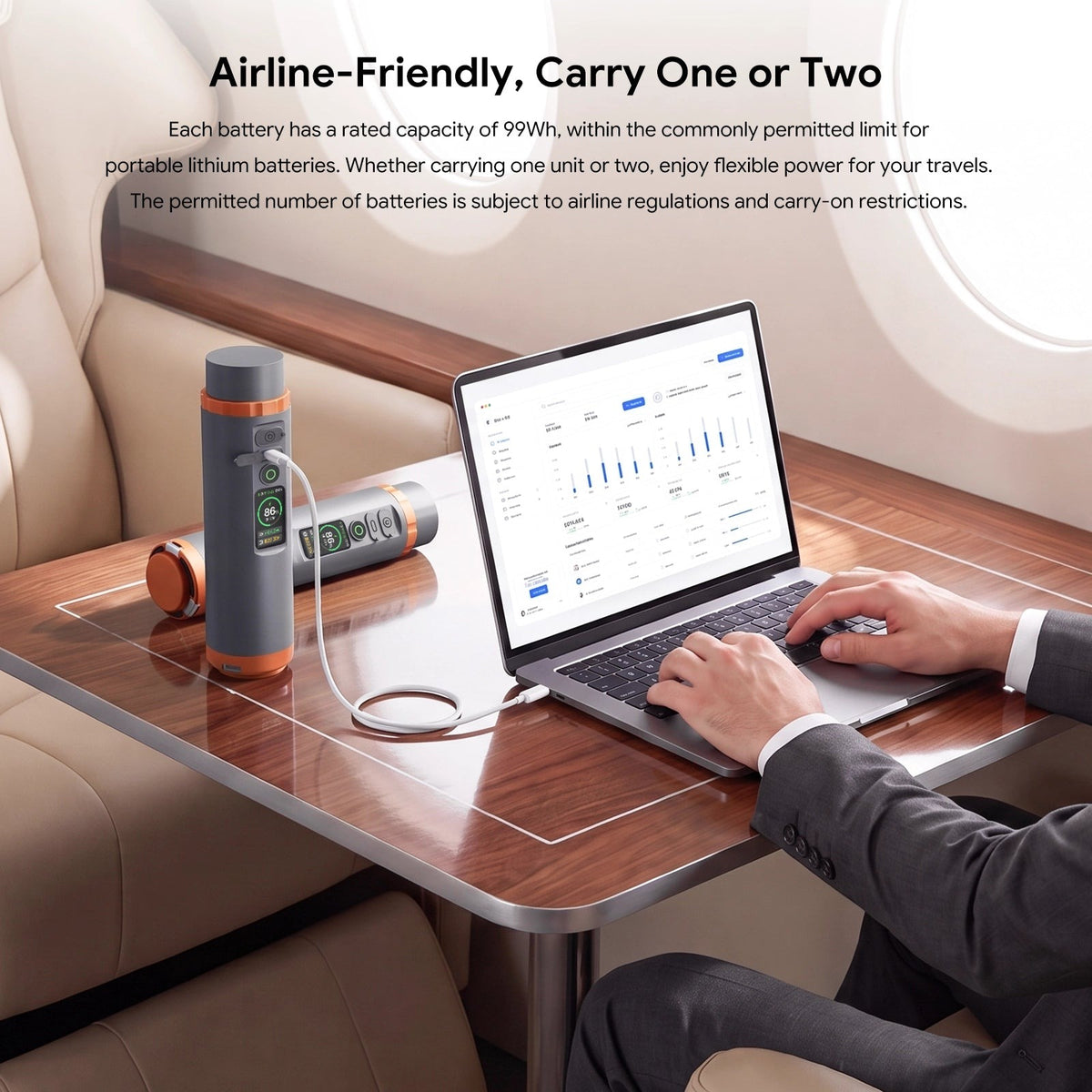 LinkPower Pod 1 charging a laptop on a tray table, airline carry-on friendly