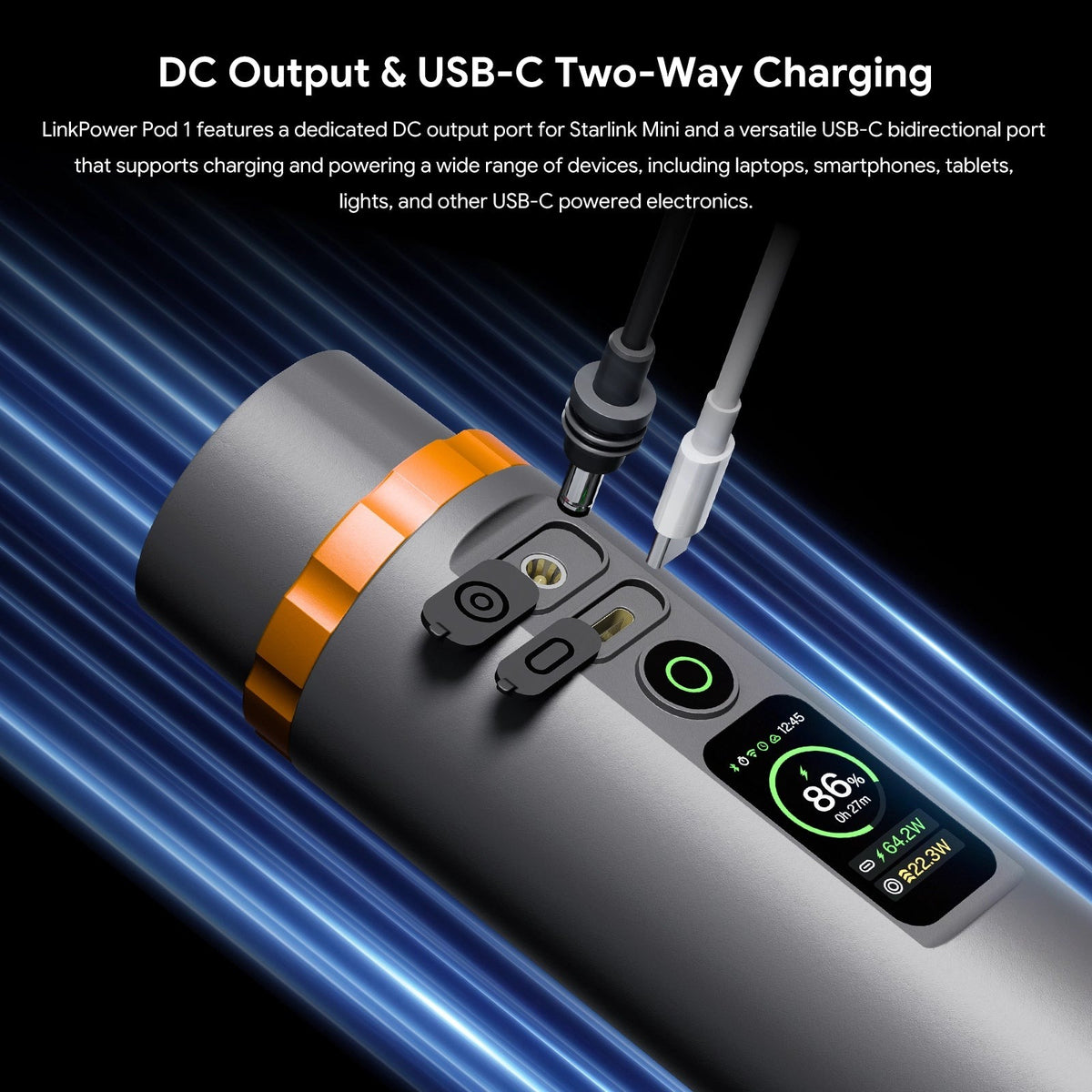 Close-up of the LinkPower Pod 1 DC output and USB-C two-way charging ports