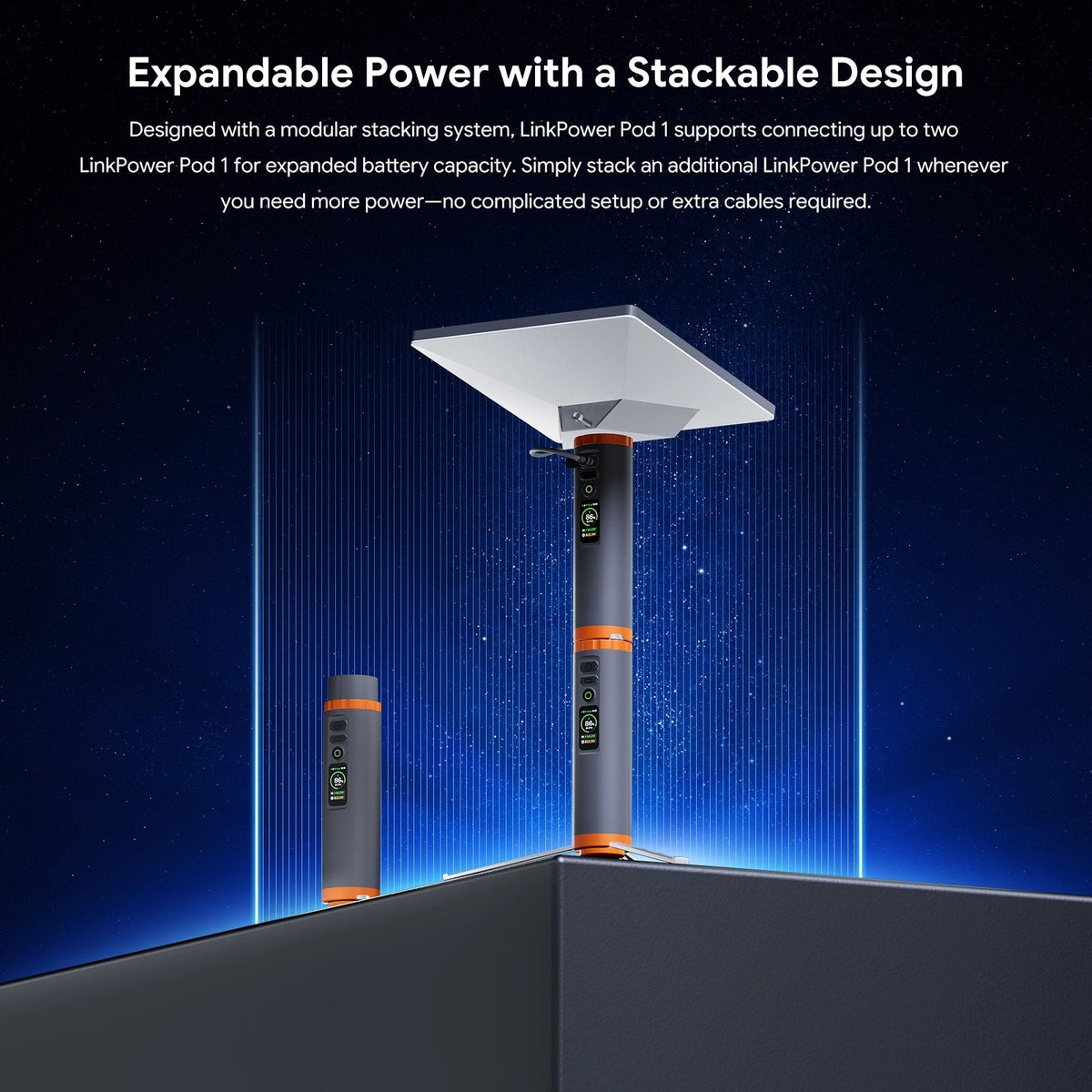 LinkPower Pod 1 beneath a Starlink Mini on a pole showing expandable stacked capacity