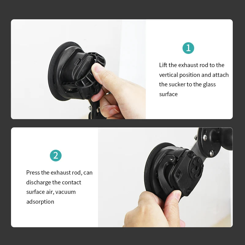 Two-step suction cup operation guide: step 1 lift the exhaust rod to vertical position and attach to glass surface, step 2 press the exhaust rod to vacuum-adsorb against the glass