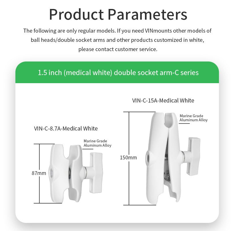 1.5 inch ball double socket arm 15cm white specifications and parameters