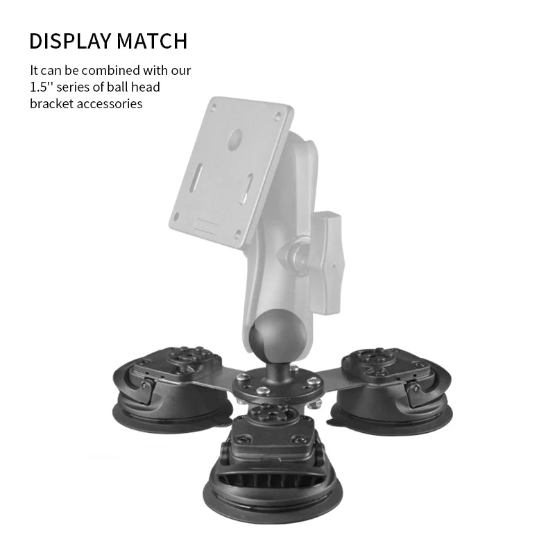 Triple suction cup mount shown in display match configuration with 1.5 inch ball head bracket and VESA tablet plate accessory attached