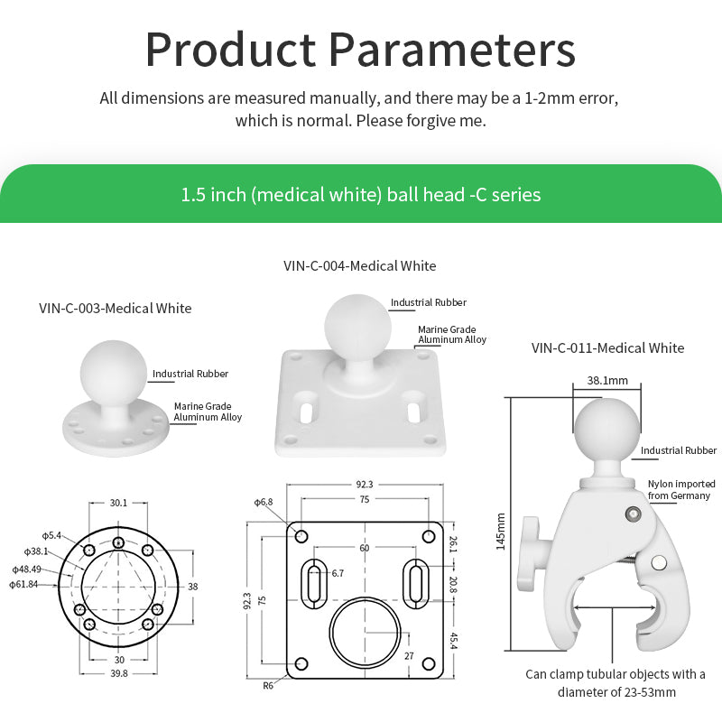 1.5 inch ball double socket arm 15cm white product parameters detail