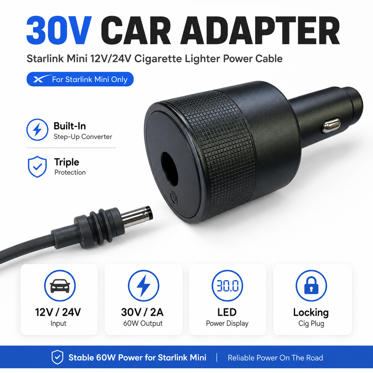 30 Volt Starlink Mini 12V Car Adapter - 60W DC Step-Up Cigarette Lighter