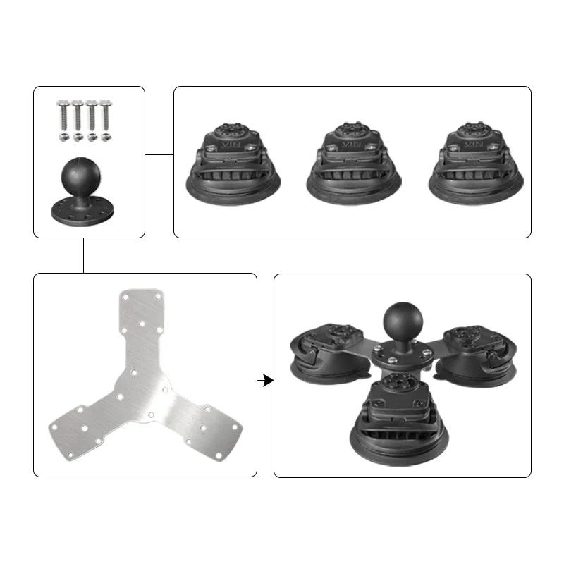 Triple suction mount components exploded view showing four stainless steel screws, central ball mount base, three individual suction cup units, triangular stainless steel connecting plate and assembled final mount