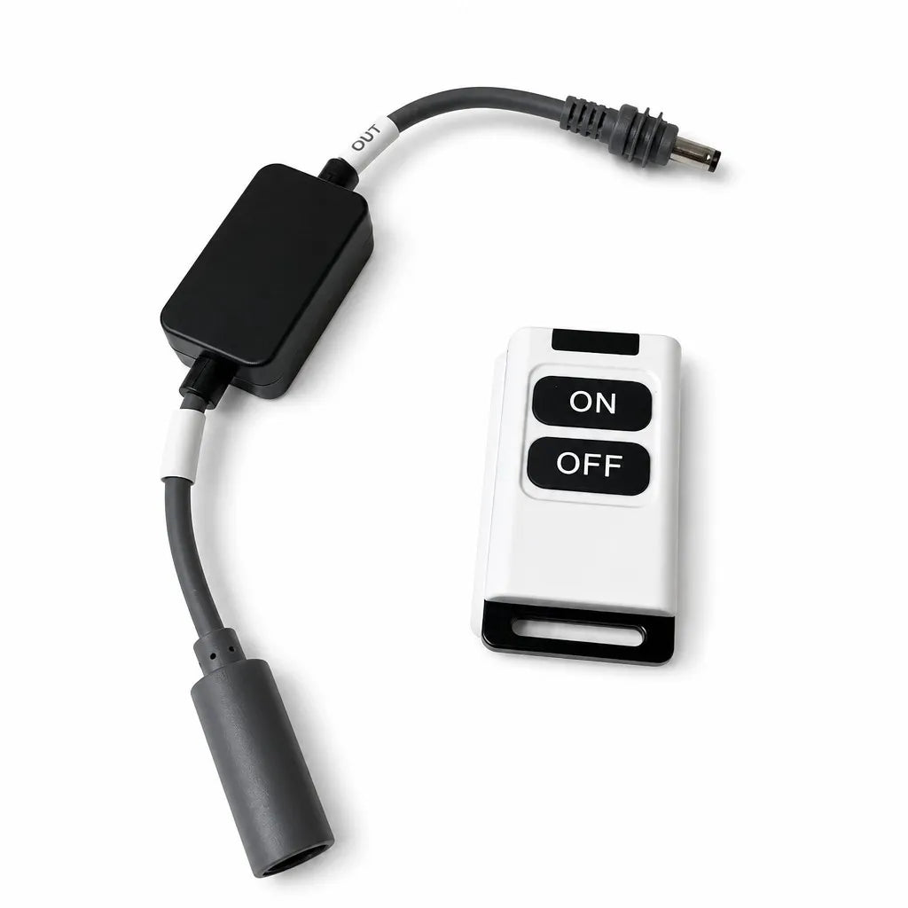 Outcamp Starlink Mini Remote Power Switch kit top-down view with control box and keyring remote