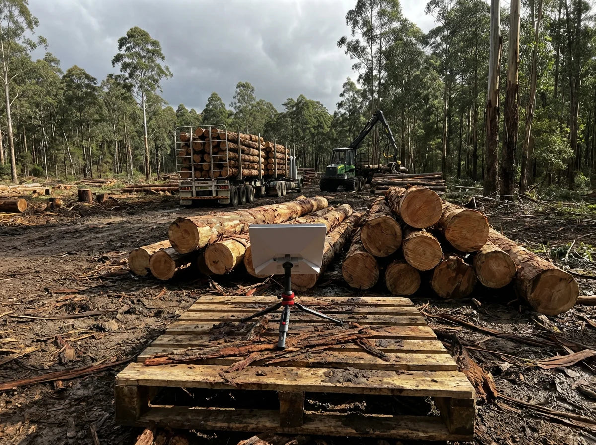 Starlink Mini with PeakDo battery on tripod at Australian forestry logging site with eucalyptus logs