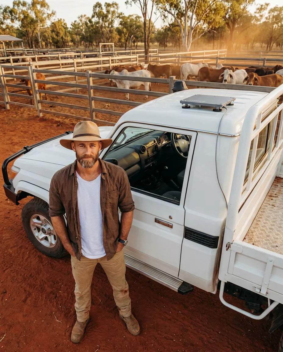 Outcamp brand ambassador standing beside white Toyota LandCruiser 79 Series ute with MagLock Pro Starlink Mini magnetic mount on roof at Australian cattle station