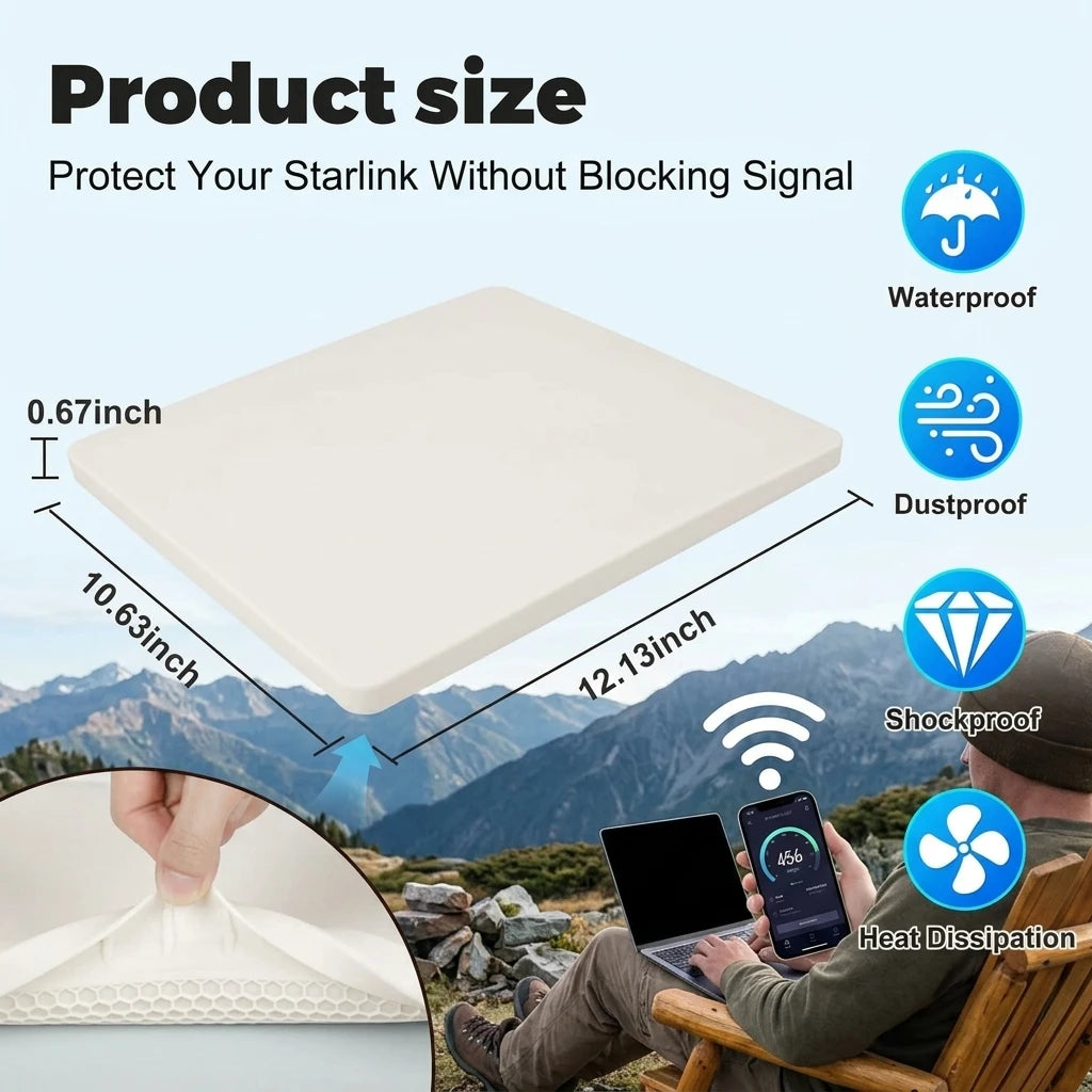 White silicone case fitted to Starlink Mini at remote mountain camp, person on laptop with 456 Mbps speed test