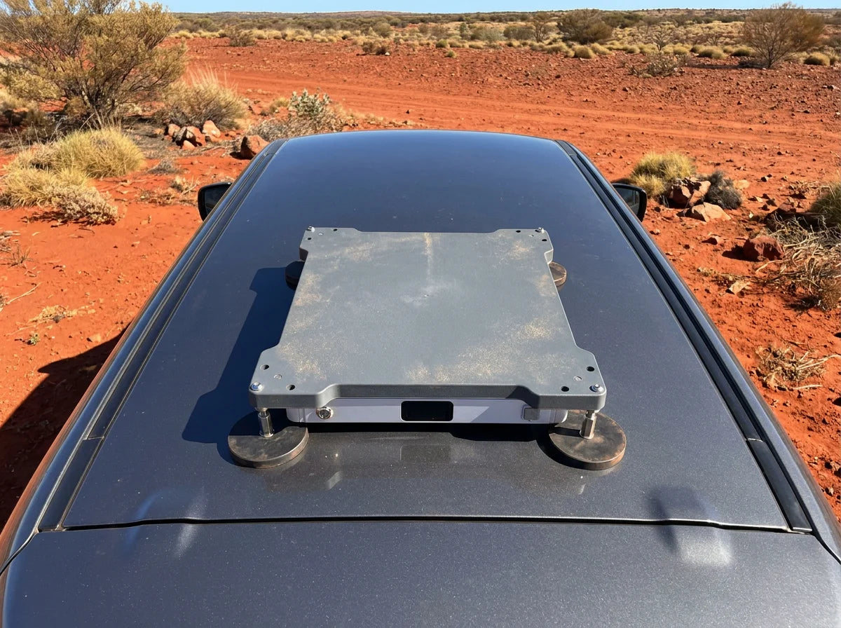 PeakDo Magnetic Mount for Starlink Mini birds eye view on roof of Nissan Patrol Y62 in Australian outback