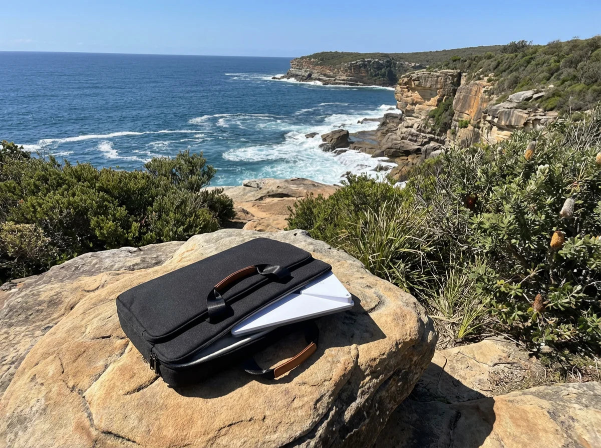 PeakDo LinkPower 2 with Starlink Mini in soft carry bag on sandstone cliff lookout overlooking Australian ocean coastline