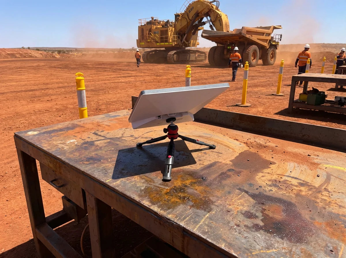 Starlink Mini with PeakDo battery on tripod at Australian mining site with excavator and dump truck