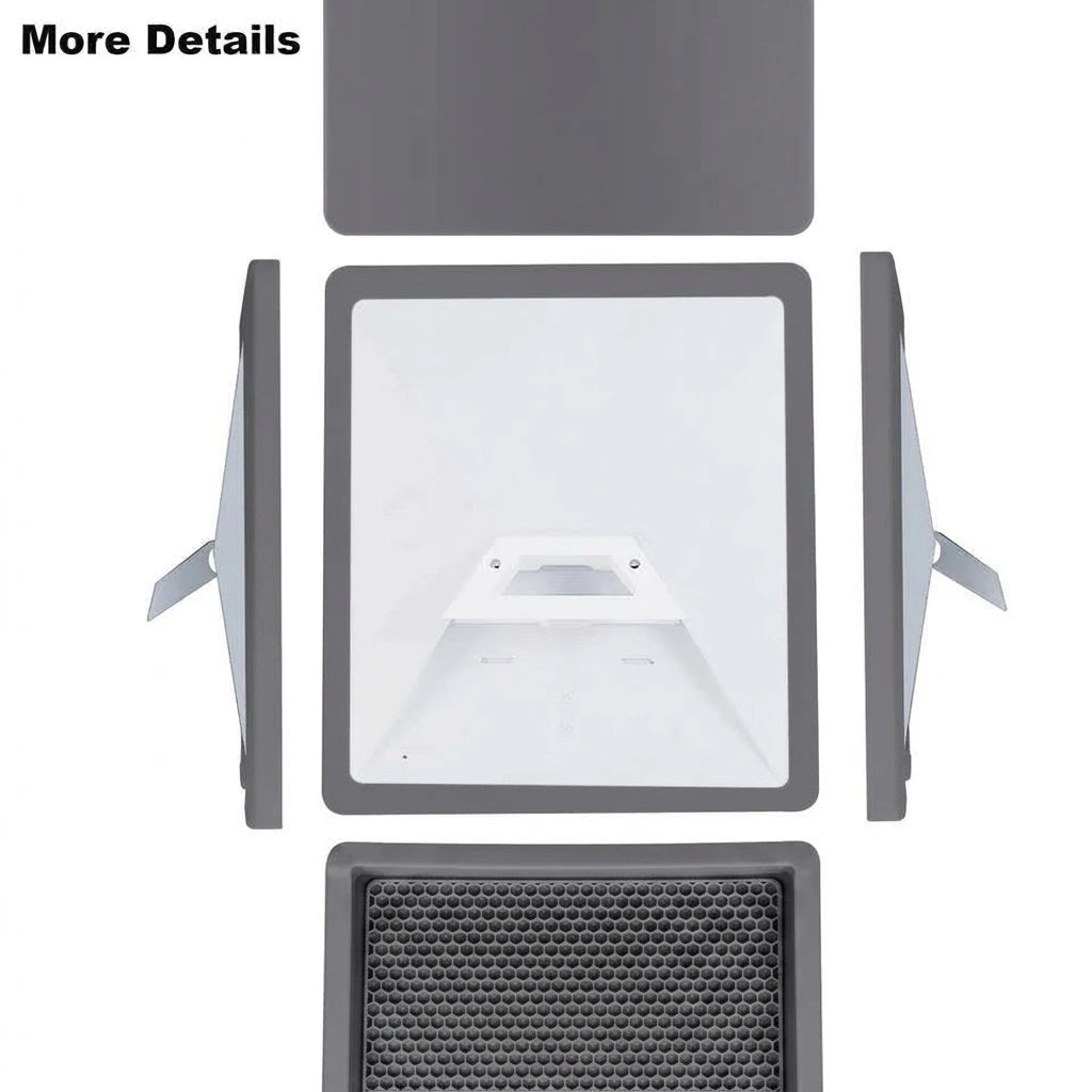 Multi-angle product detail view showing exterior shells, interior cavity, kickstand, and honeycomb interior pattern