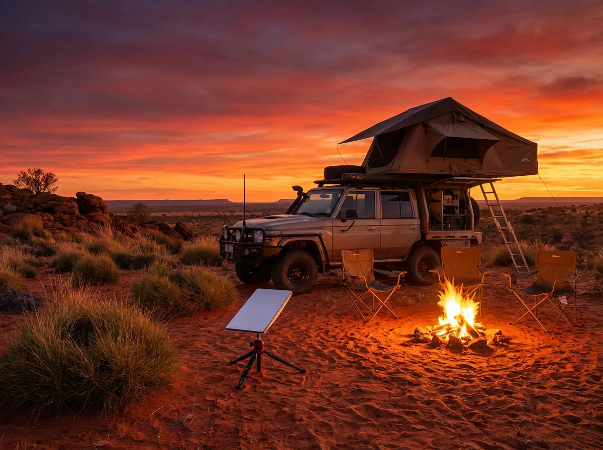 Starlink Mini with PeakDo battery on tripod beside 4WD rooftop tent at Australian desert sunset campsite