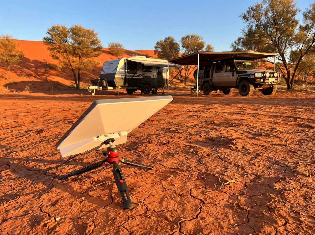 Starlink Mini with PeakDo battery on tripod at remote outback free camp with caravan and 4WD