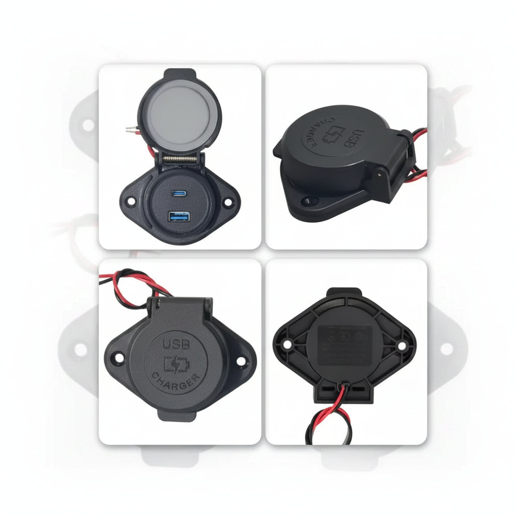 Surface mount dual USB charger port with waterproof flip cap - USB-C and USB-A ports, open and closed views