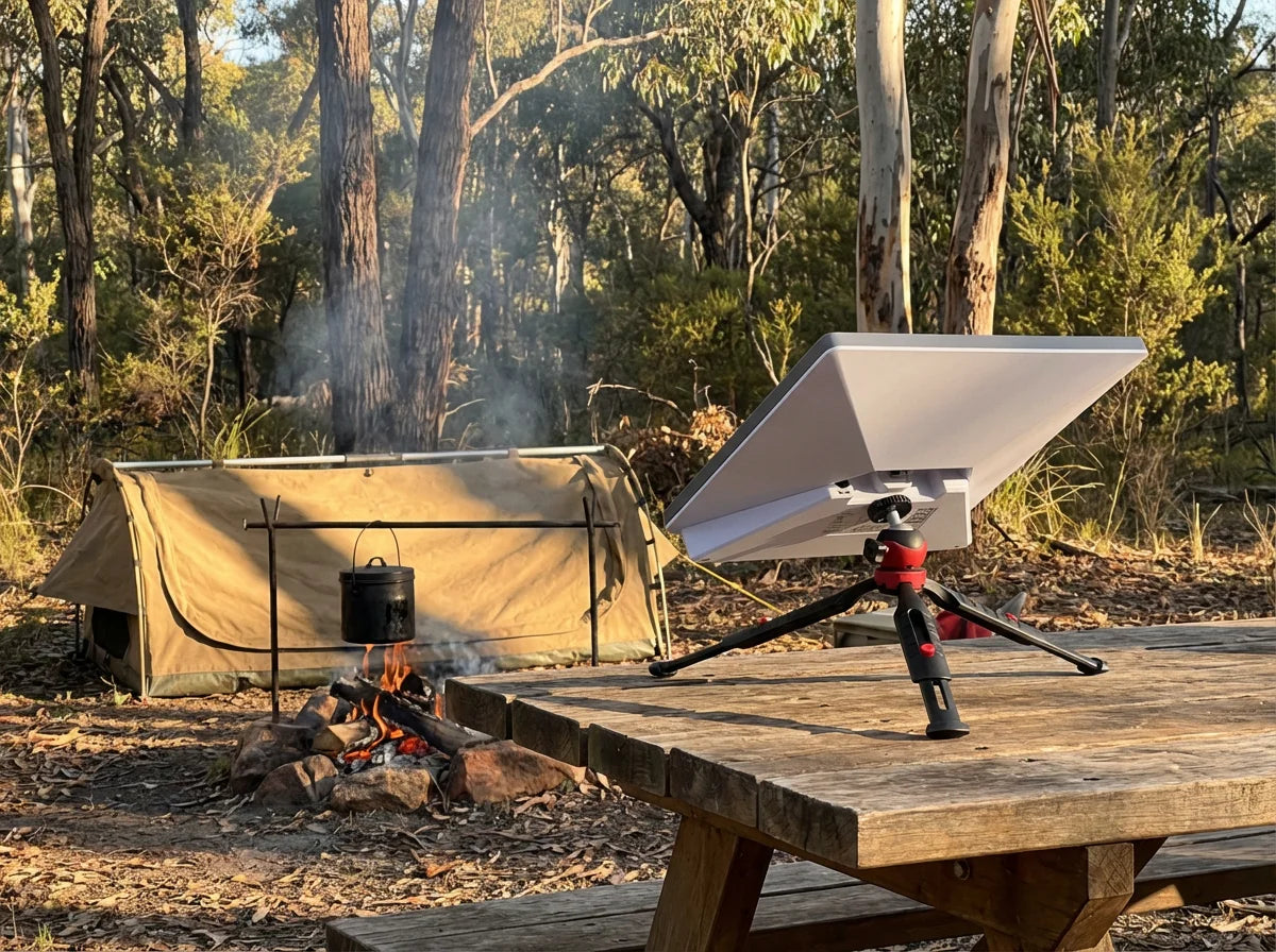 Starlink Mini with PeakDo battery on tripod on camp table at Australian bush campsite with swag and campfire