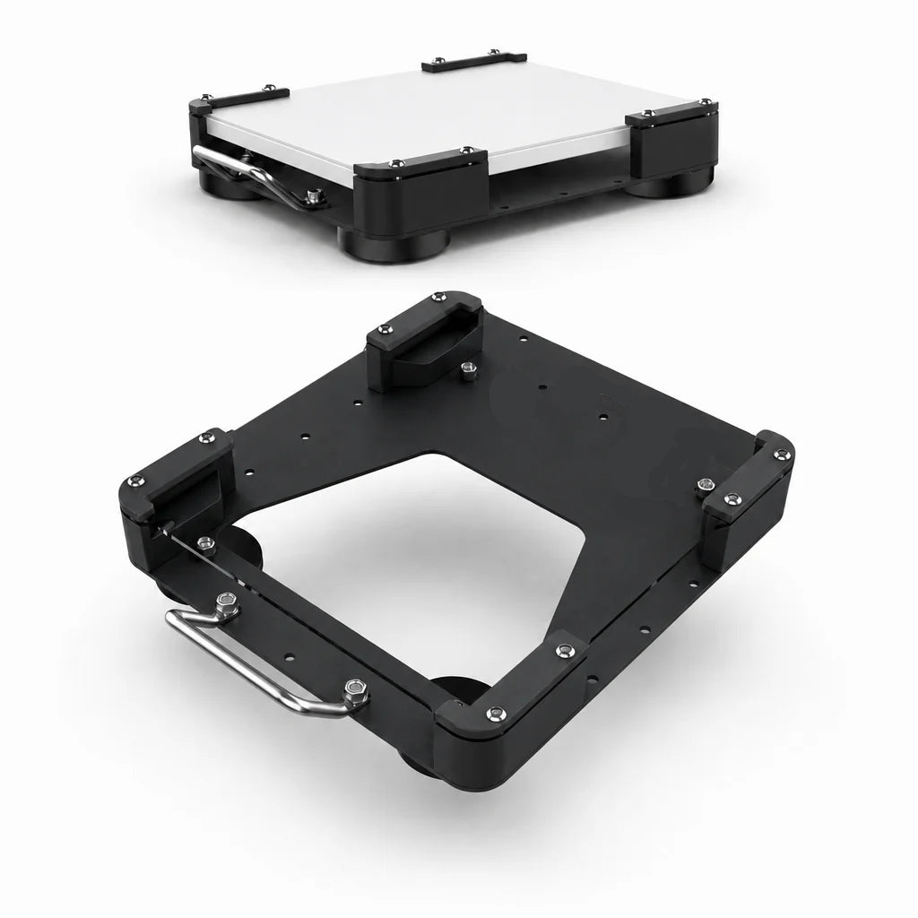 Outcamp Universal Flat Mount for Starlink Mini - black mount two views on white
