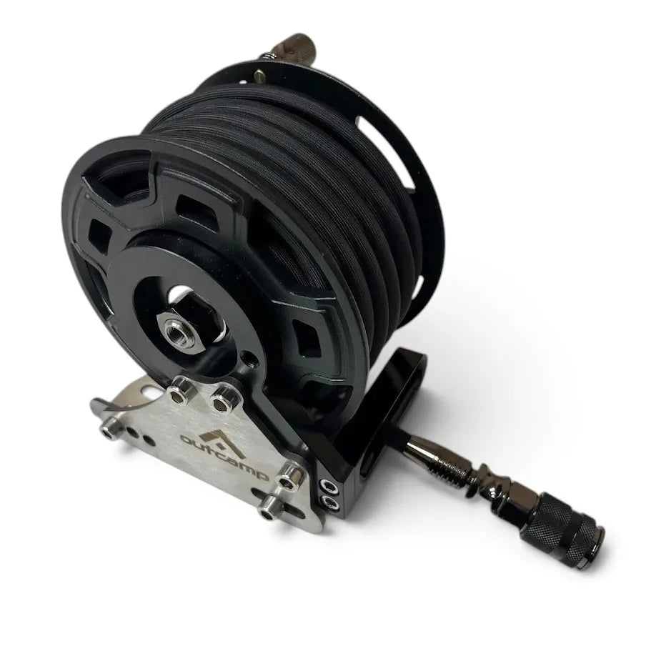 Outcamp Compact 7m aluminium air hose reel mounted on a brushed metal bracket, matte black spool with braided air hose, studio product shot on white background