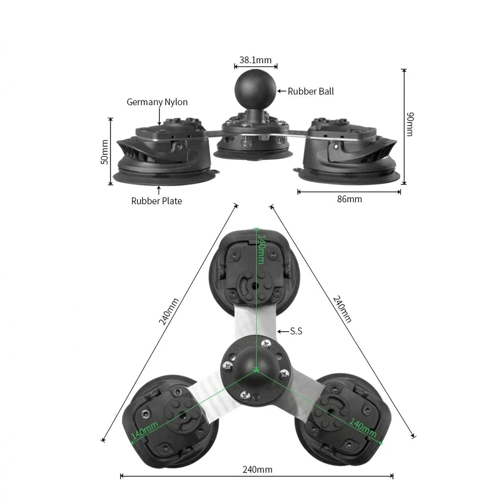 Triple suction cup mount dimensions diagram showing 38.1mm rubber ball, Germany Nylon construction, rubber plate detail, 50mm height, 90mm depth, 86mm cup width and 240mm overall span across all three suction cups