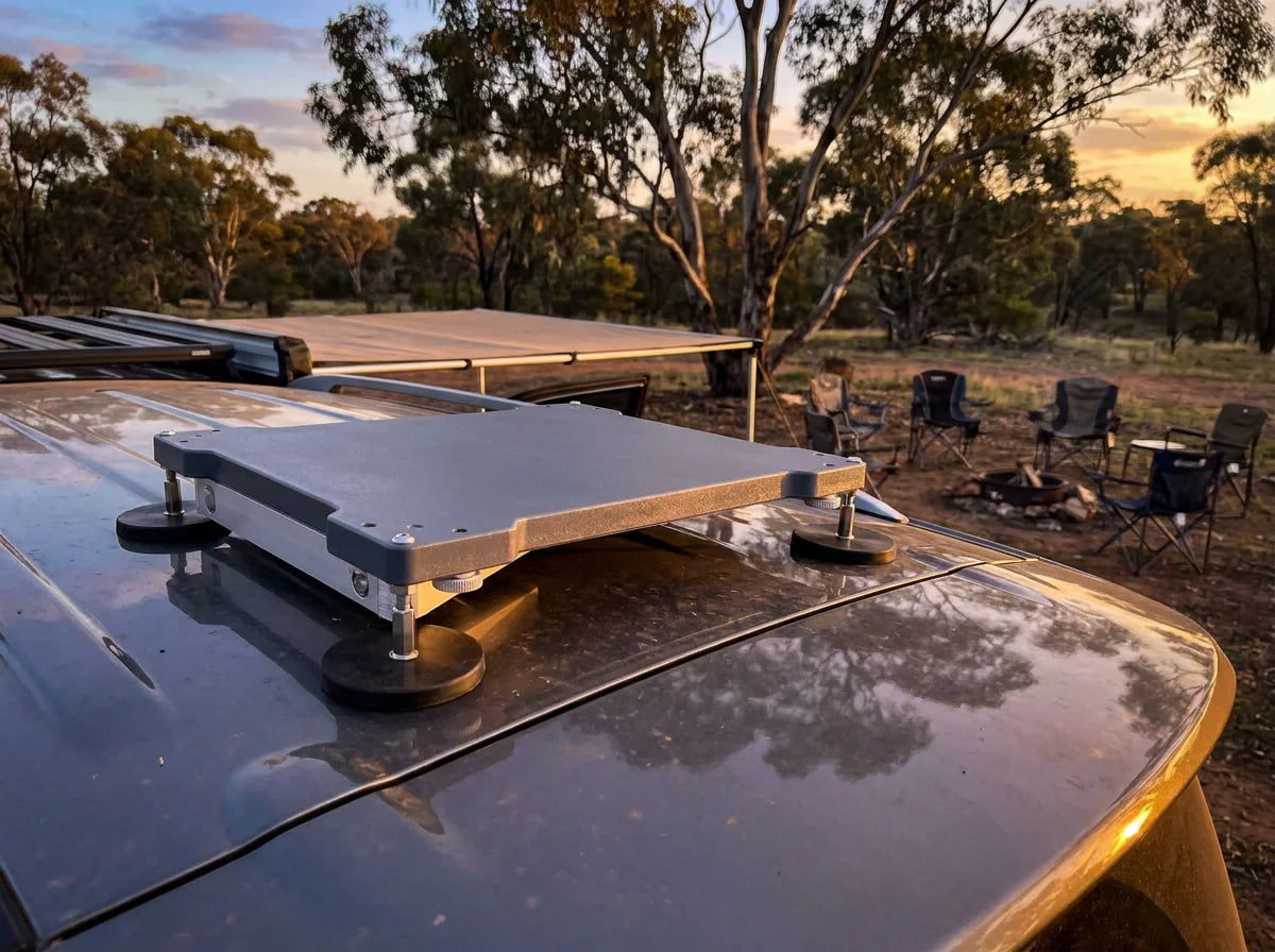 PeakDo Magnetic Mount for Starlink Mini mounted on roof of Nissan Patrol Y62 at Australian bush campsite