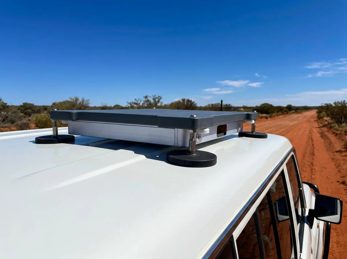PeakDo Magnetic Mount for Starlink Mini on roof of Toyota LandCruiser 79 Series in Australian outback