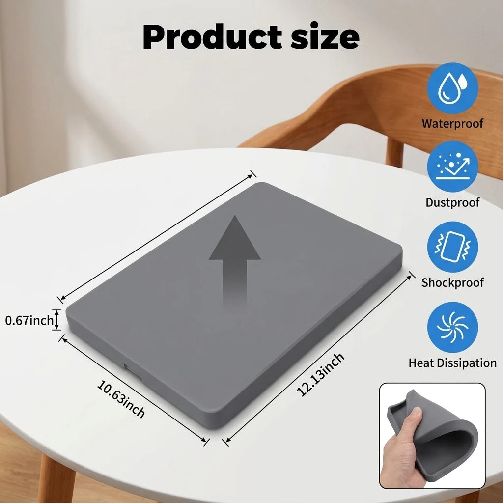 Product dimensions: 10.63 by 12.13 by 0.67 inches with waterproof, dustproof, shockproof, heat dissipation icons