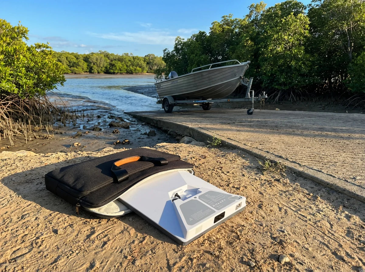 PeakDo LinkPower 2 with Starlink Mini in soft carry bag at tropical Australian mangrove estuary boat ramp